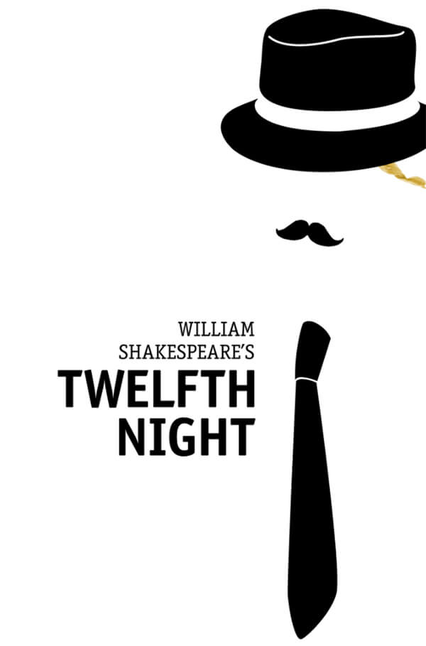 Graphic image of silhouette with moustache wearing a fedora and necktie for William Shakespeare's Twelfth Night